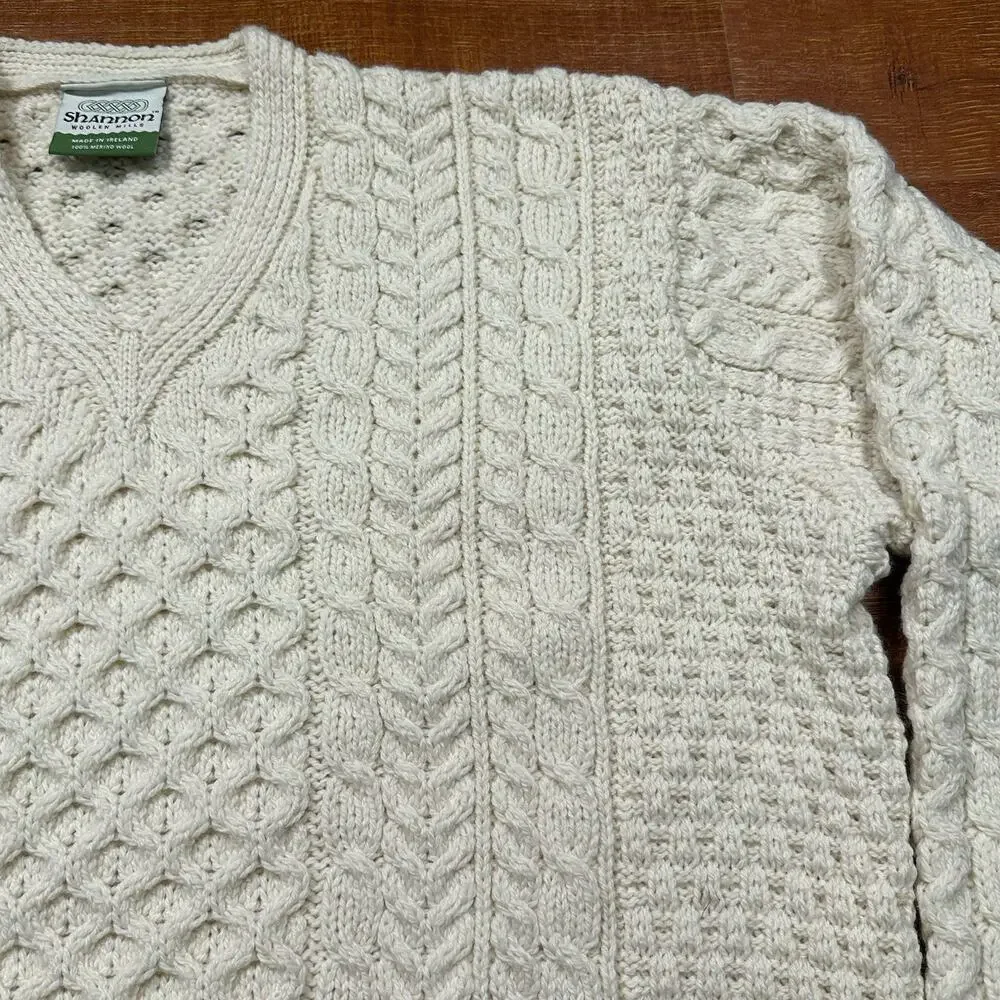 Shannon Woolen Mills Cable Knit Sweater Mens XL Ivory Merino Wool V Neck Ireland